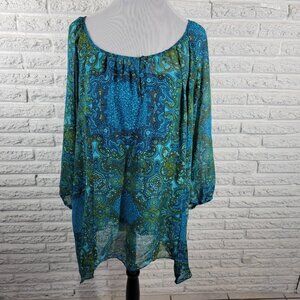 Apt 9 Women's 2X Plus Blue Geometric Sheer Button-Up 3/4 Sleeve GEO177E